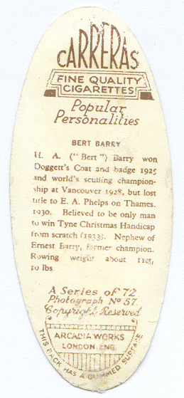 cc gbr 1935 carreras cigarettes popular personalities no. 57 of 72 bert barry - reverse