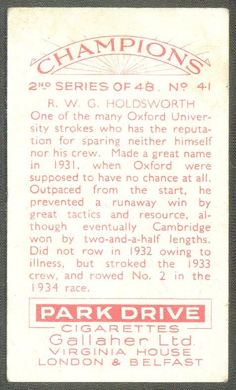 cc gbr 1935 gallaher ltd champions 2nd series no. 41 r.w.g. holdsworth oxford - reverse