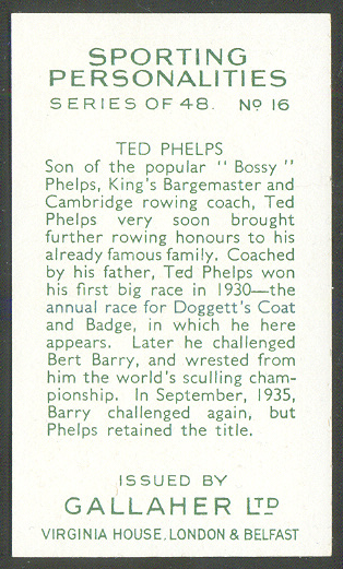 cc gbr 1936 gallahers cigarettes sporting personalities n. 16 ted phelps worlds professional sculling champion.- reverse