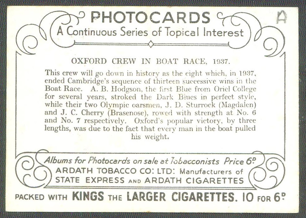 cc gbr 1937 ardath tobacco - oxford ends cambridges sequence of 13 successive wins - reverse
