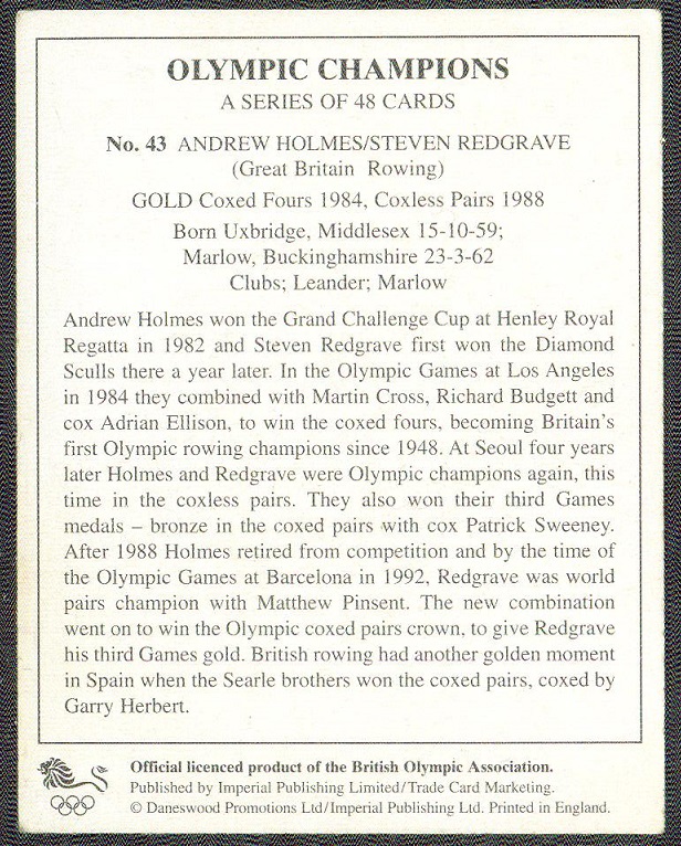 cc gbr 1996 olympic champions no. 43 a. holmes s. redgrave reverse
