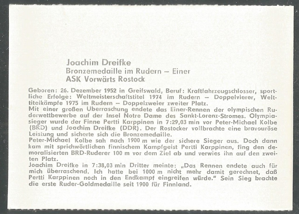 CC GDR 1976 OG Montreal M1X bronze medal winner Joachim Dreifke GDR ASK Vorwaerts Rostock reverse