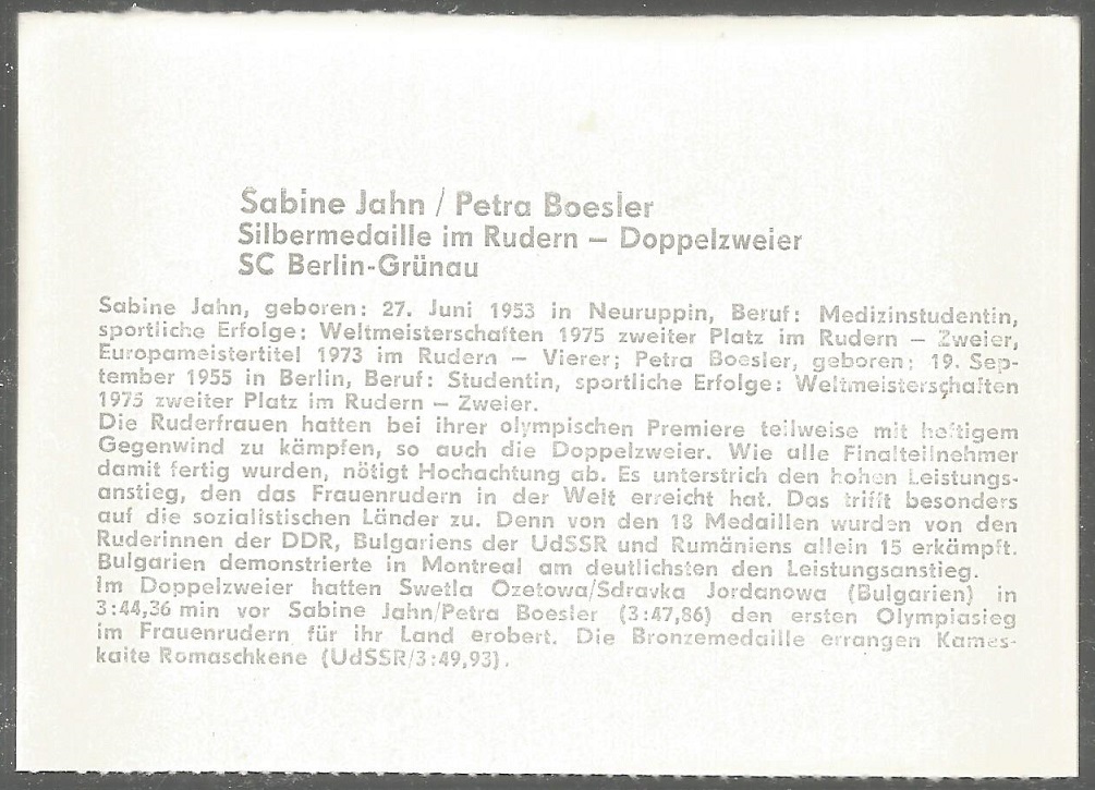CC GDR 1976 OG Montreal W2X crew GDR SC Berlin Gruenau silver medal winner reverse