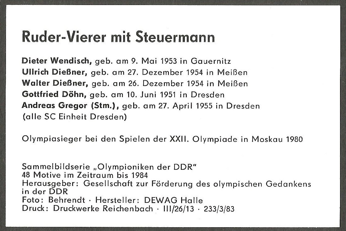 CC GDR 1983 Olympioniken der DDR M4 GDR gold medal winner crew OG Moscow 1980 reverse