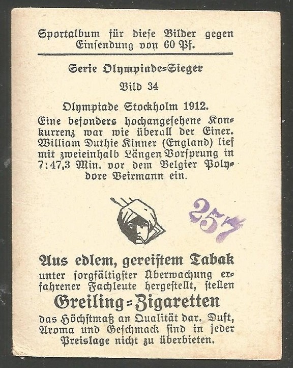 CC GER 1912 GREILING ZIGARETTEN Olympiade Sieger No. 34 OG Stockholm M1X Olympic champion Kinner GBR reverse.jpg