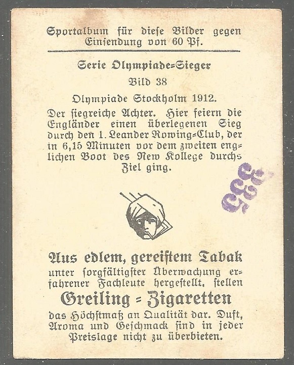 CC GER 1912 GREILING ZIGARETTEN Olympiade Sieger No. 38 OG Stockholm M8 gold medal winner crew GBR reverse