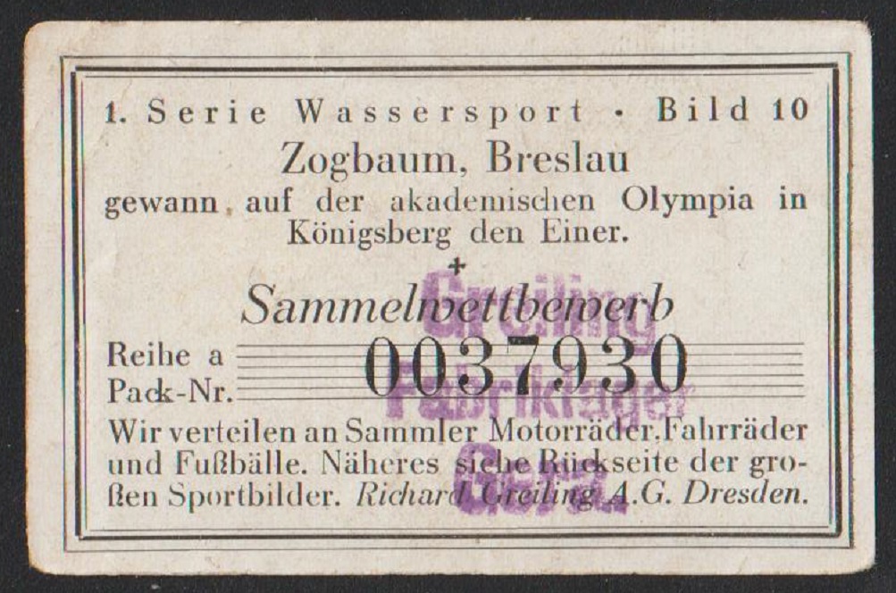 CC GER 1928 GREILING ZIGARETTEN Wassersport No. 10 Zogbaum Breslau reverse