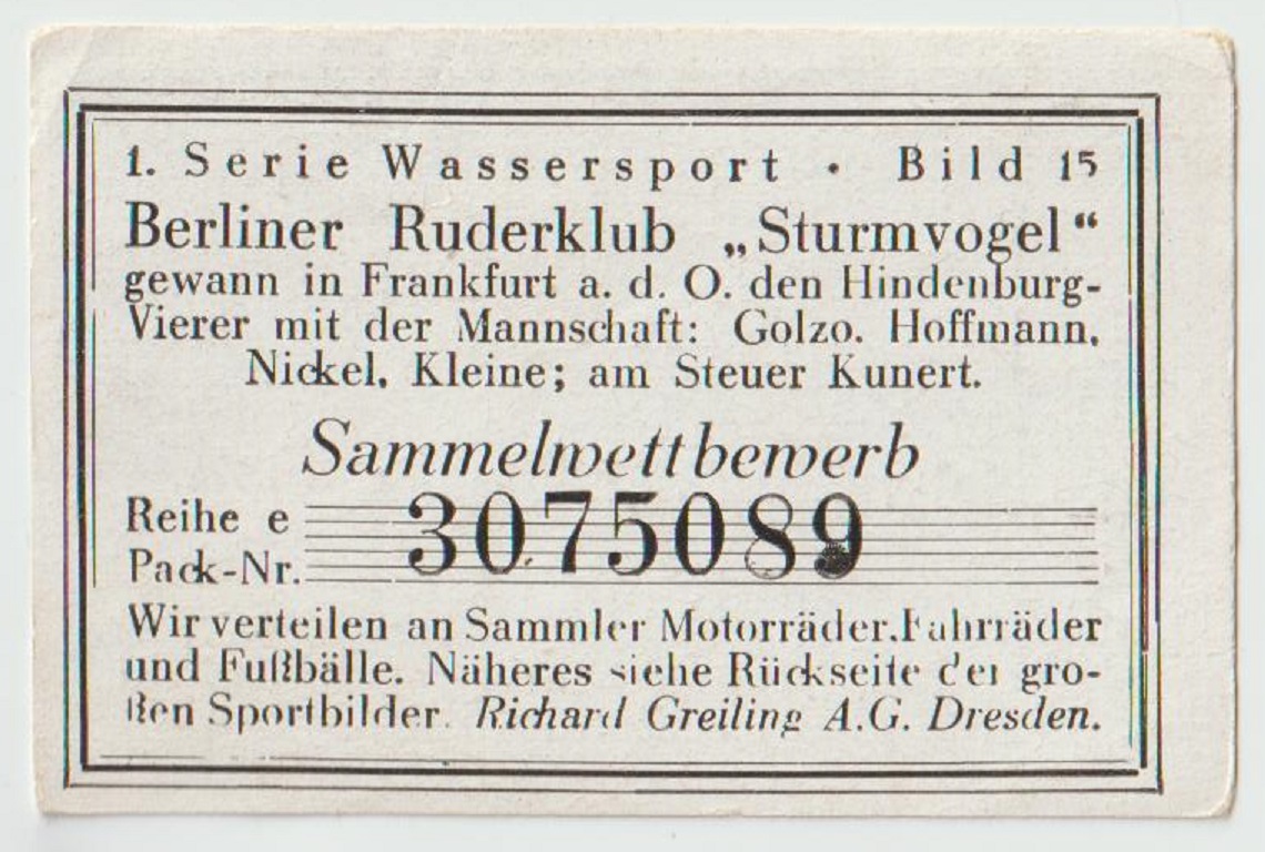 CC GER 1928 GREILING ZIGARETTEN Wassersport No. 15 M4 crew Berliner RC Sturmvogel reverse