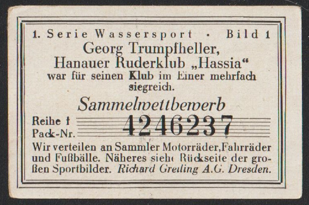 CC GER 1928 GREILING ZIGARETTEN Wassersport No. 1 Georg Trumpfheller Hanauer RC Hassia reverse