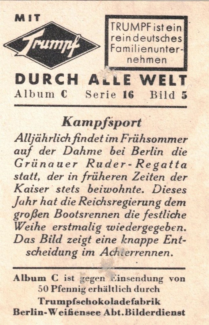 CC GER 1930 Trumph Durch alle Welt Album C Serie 16 No. 5 Photo of three 8 racing at Berlin Gruenau reverse