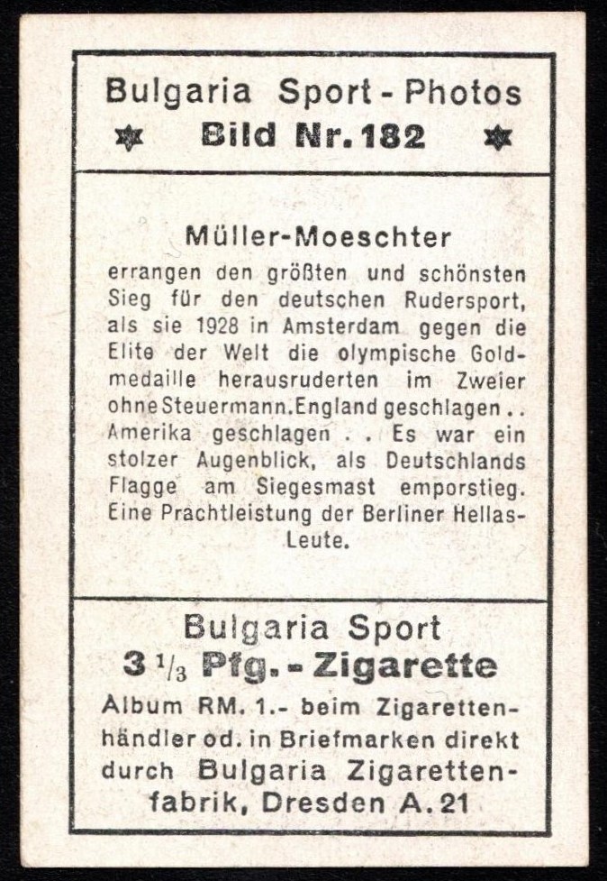 CC GER 1932 Bulgaria Sport Photo No. 182 Mueller Moeschter GER gold medal winners 2 OG Amsterdam 1928 reverse