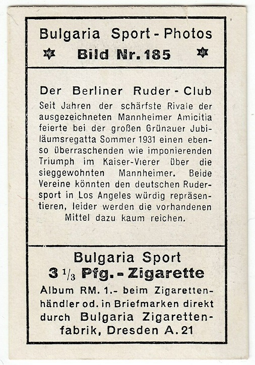 CC GER 1932 Bulgaria Sport Photo No. 185 4 crew Berliner RC winner of the Kaiser Vierer 1931 at Berlin Grünau reverse