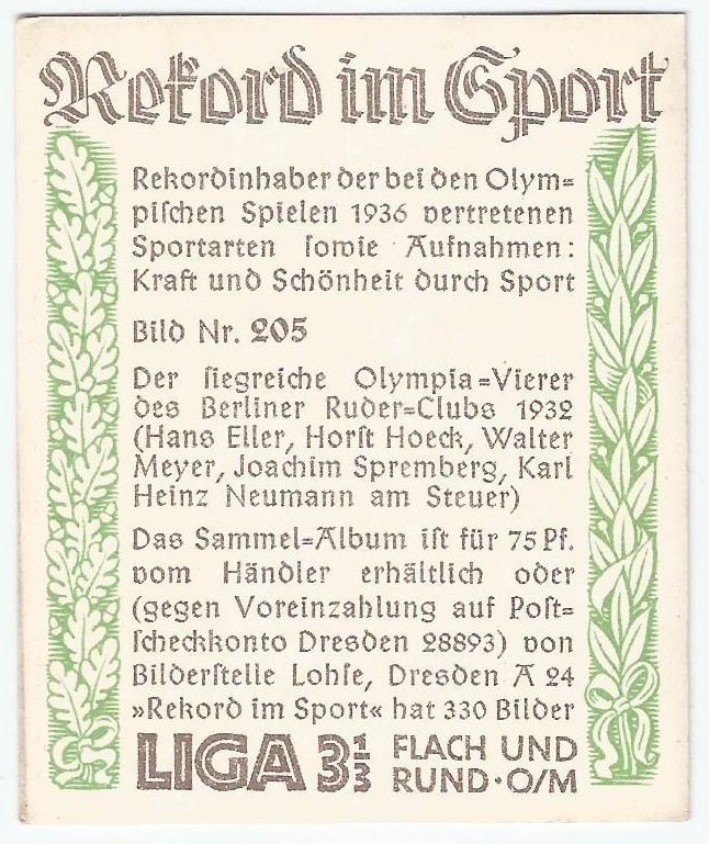 CC GER 1934 GREILING Rekord im Sport No. 205 Berliner RC crew M4 gold medal winner OG Los Angeles 1932 reverse
