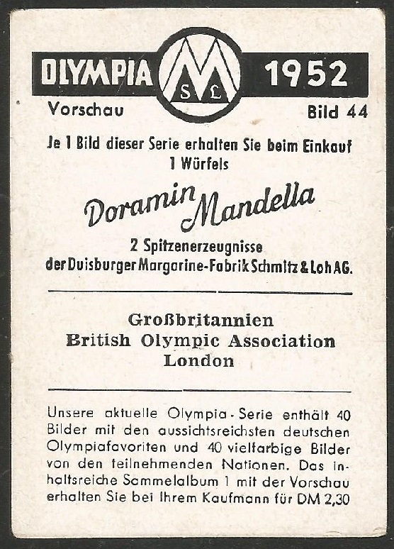 CC GER 1952 Duisburger Margarine Fabrik SL AG Olympia Vorschau Bild 44 GBR reverse