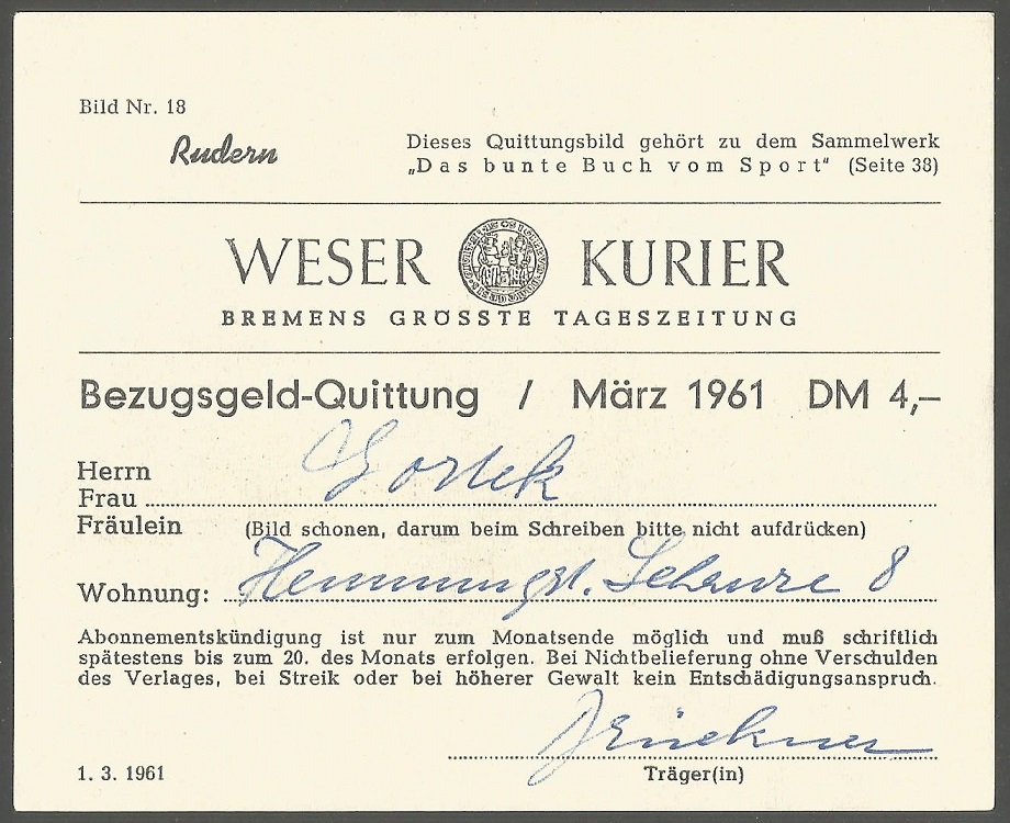 CC GER 1961 WESER KURIER daily newspaper subsciption receipt reverse