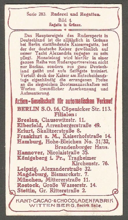 CC GER Kant Cacao Chocoladenfabrik Serie 283 Ruderei und Regatten Bild 4 Regatta in Gruenau reverse