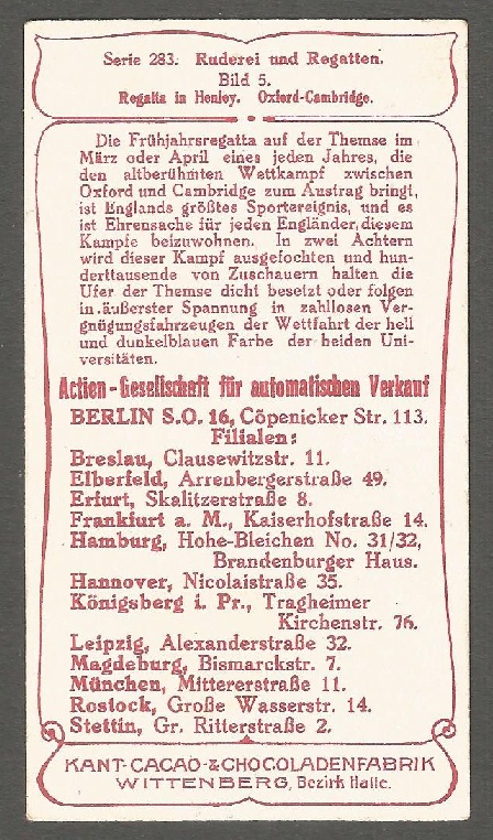 CC GER Kant Cacao Chocoladenfabrik Serie 283 Ruderei und Regatten Bild 5 Oxford Cambridge reverse