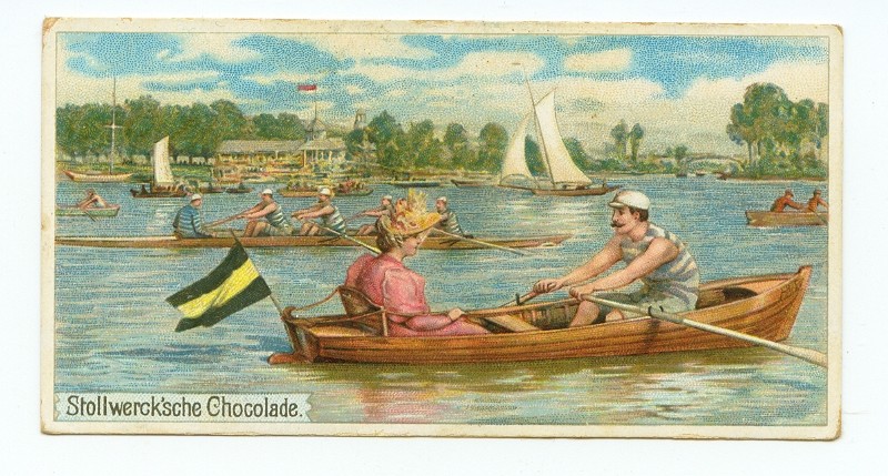 cc ger 1899 stollwerck sche chocolade group 119 no. 2 drawing of gig 1x with female cox 4 boathouse in background 
