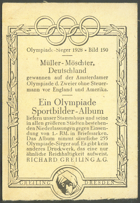 cc ger 1928 greiling olympia sieger og amsterdam no. 190 mueller moeschter ger gold medal 2 reverse