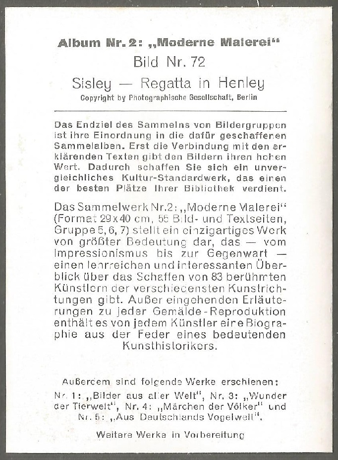 cc ger 1933 cigaretten bilderdienst moderne malerei no. 72 sisley regatta at henley reverse