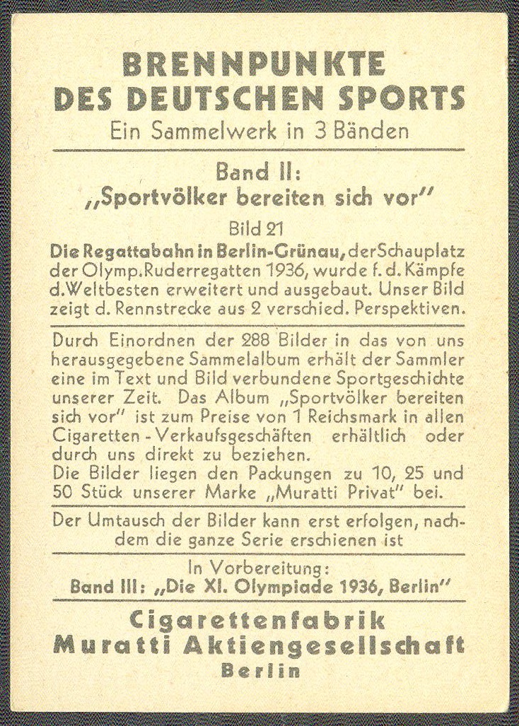cc ger 1935 muratti cigaretten volume ii sportnations prepare for the olympic games no. 21 the regatta course at berlin gruenau two different views reverse