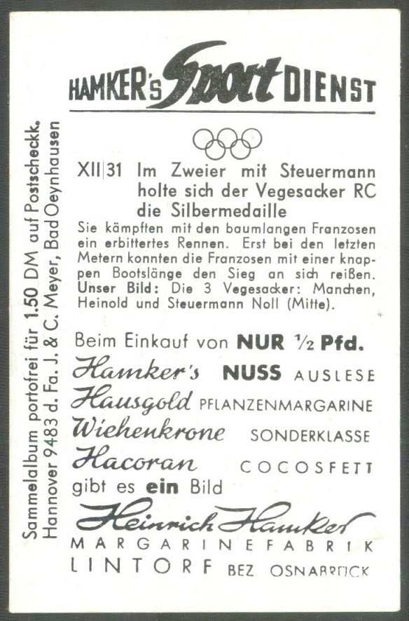 cc ger 1952 hamkers sportdienst no. xii 31 og helsinki m2 silver medal for ger reverse