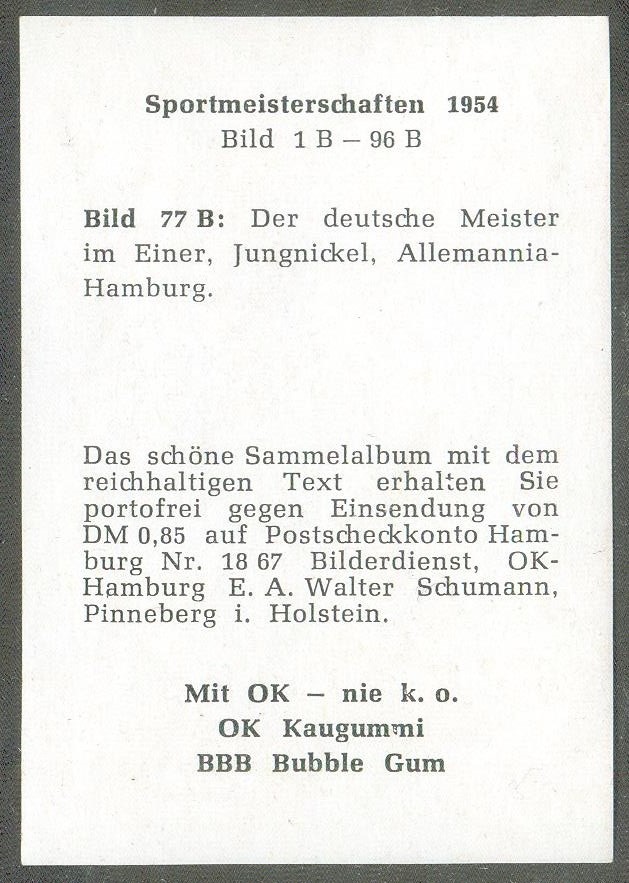 cc ger 1955 ok kaugummi bubble gum sportmeisterschaften 1954 no.1 b 96 b erich jungnickel allemannia hamburg german m1x champion reverse