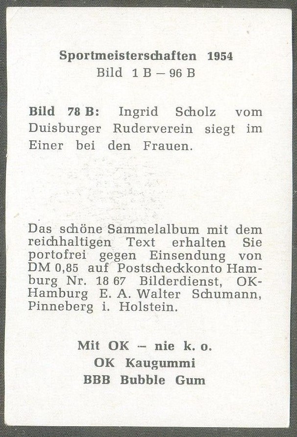 cc ger 1955 ok kaugummi bubble gum sportmeisterschaften 1954 no. 78 b ingrid scholz duisburger rv german w1x champion reverse