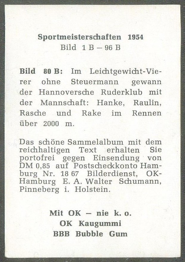 cc ger 1955 ok kaugummi bubble gum sportmeisterschaften 1954 no. 80 b lm4 crew hannoverscher rc german national champion reverse