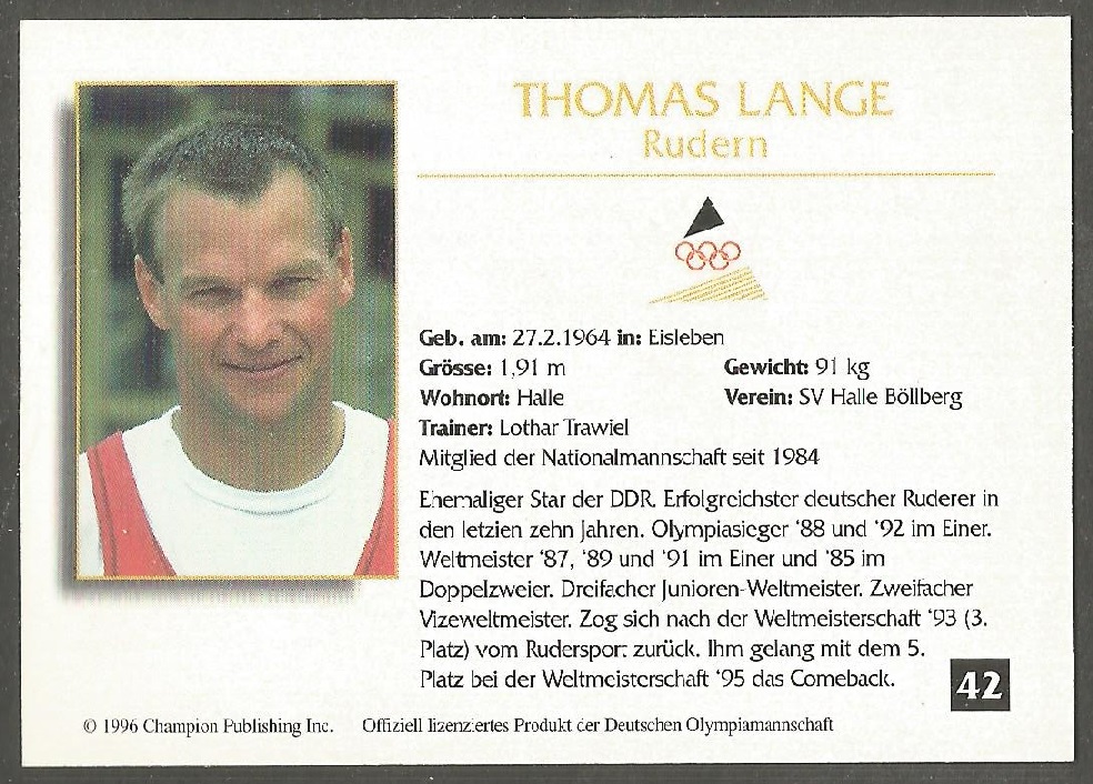 cc ger 1996 deutsche olympiakarten no. 42 thomas lange olympic m1x champion 1988 and 1992 m1x gold medal winner wrc 1987 1989 1991 m2x gold medal winner wrc 1985 reverse 