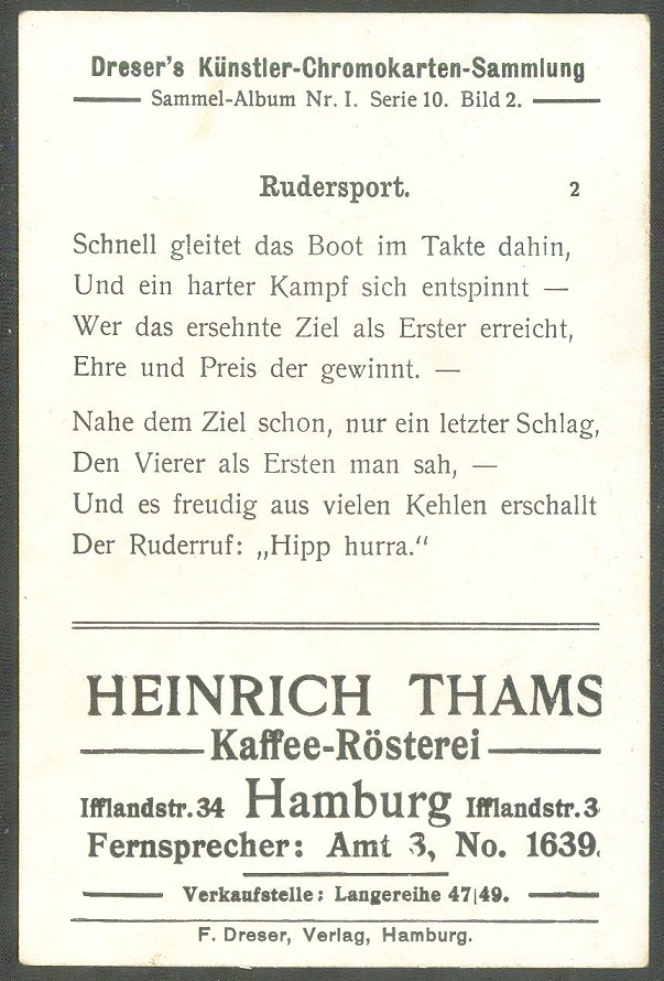 cc ger dresers kuenstler chromokarten sammlung album 1 serie 10 no. 2 rudersport reverse