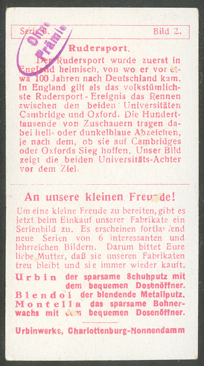 cc ger urbin serie 6 wassersport no. 2 rudersport wrong desciption on back concerning the boat race
