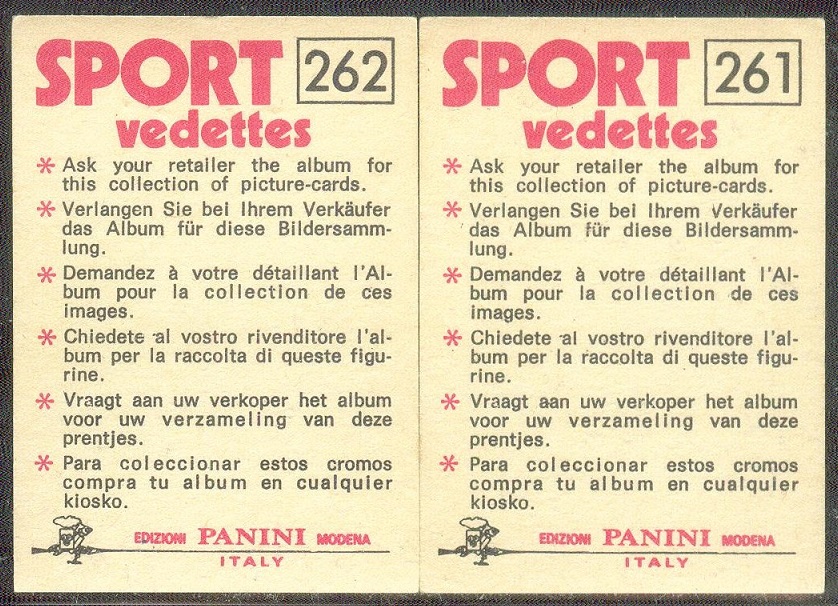 cc ita panini sport vedettes no. 261 262 reverse
