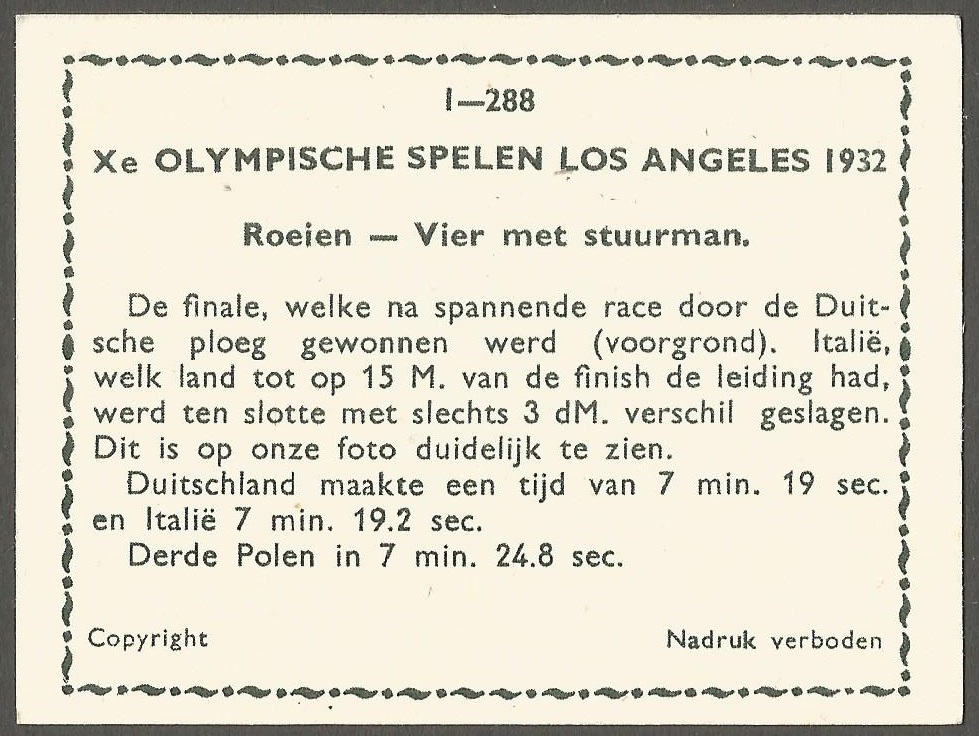 CC NED 1932 OG Los Angeles M4 final between GER front gold medal winner and ITA silver medal behind the finish line reverse