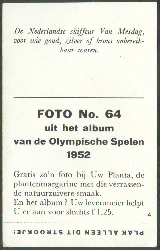 cc ned 1952 uw planta plantenmargarine olympische spelen 1952 no. 64 the sculler robert van mesdag ned m1x bronze medal winner at erc ghent 1955 reverse