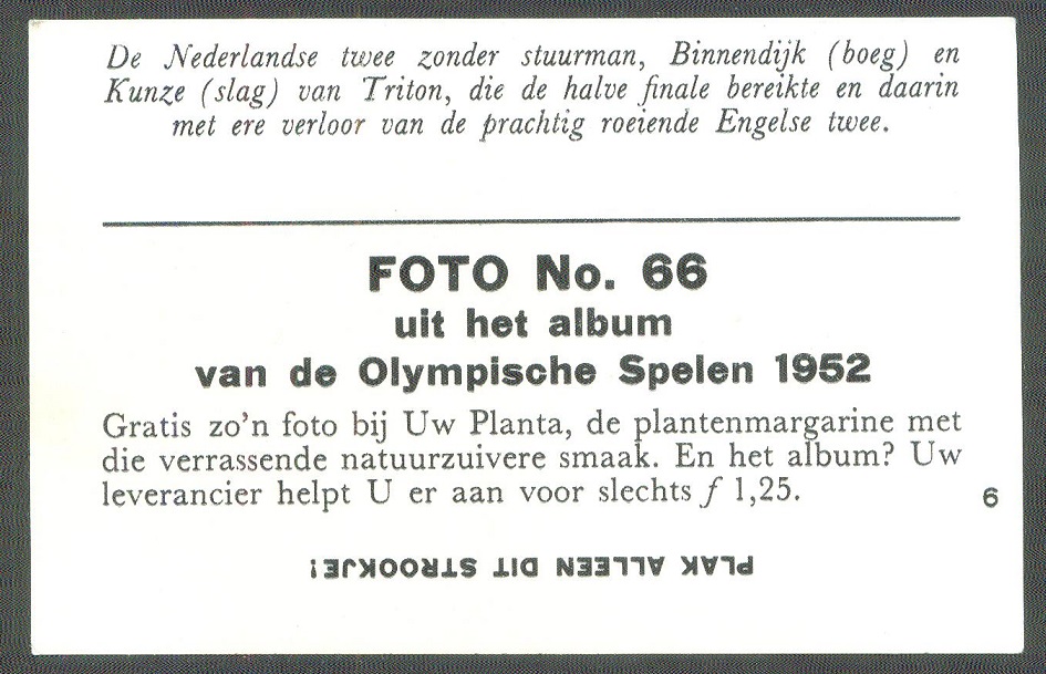 cc ned 1952 uw planta plantenmargarine olympische spelen 1952 no. 66 the ned m2 with binnendijk bow kunze stroke from triton who lost in the semi final reverse