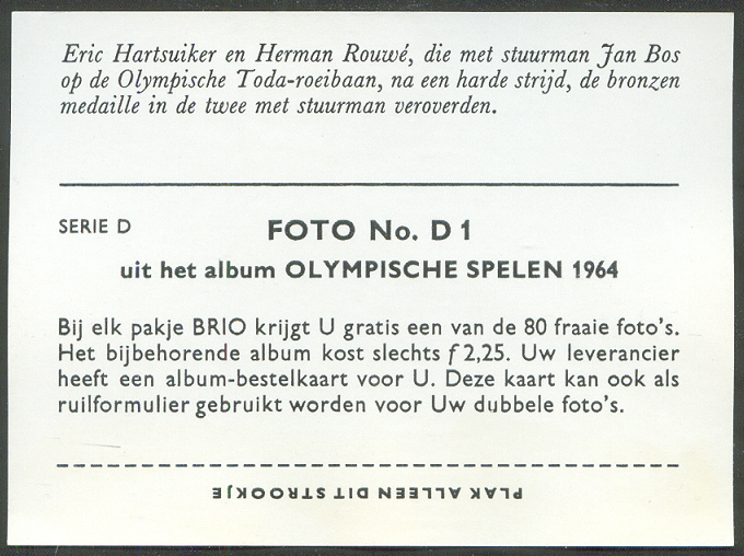 cc ned 1964 brio olympische spelen serie d foto no. d 1 eric hartsuiker herman rouw cox jan bos won the 2 bronze medal reverse