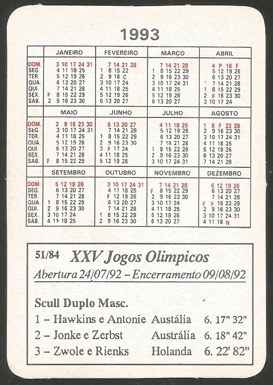 CC POR 1992 XXV Jogos Olimpicos No. 51 84 OG Barcelona M2X gold medal winners Hawkins Antonie AUS reverse