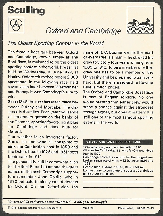 CC SUI 1978 EDITIONS RENCONTRE Sculling Oxford and Cambridge reverse
