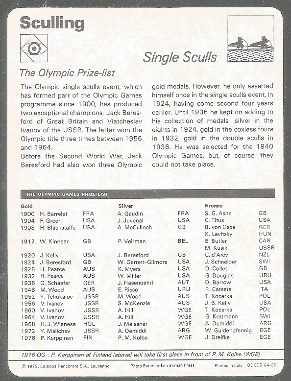 CC SUI 1979 EDITIONS RENCONTRE LAUSANNE Sculling Single Sculls Karppinen FIN passes Kolbe GER in the M1X final at OG Montreal 1976 reverse