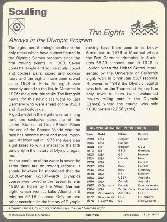CC SUI 1979 EDITO SERVICE Sculling The Eights GDR M8 leading the field at OG Montreal 1976 reverse
