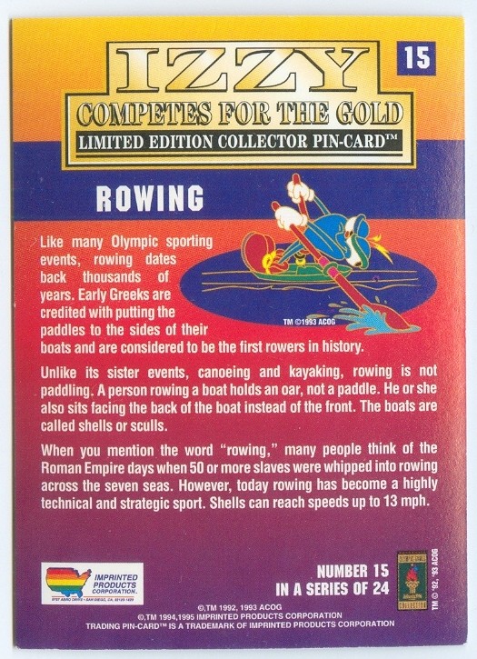 cc usa 1996 og atlanta izzy competes for the gold no. 15 of 24 collector pin cards reverse 