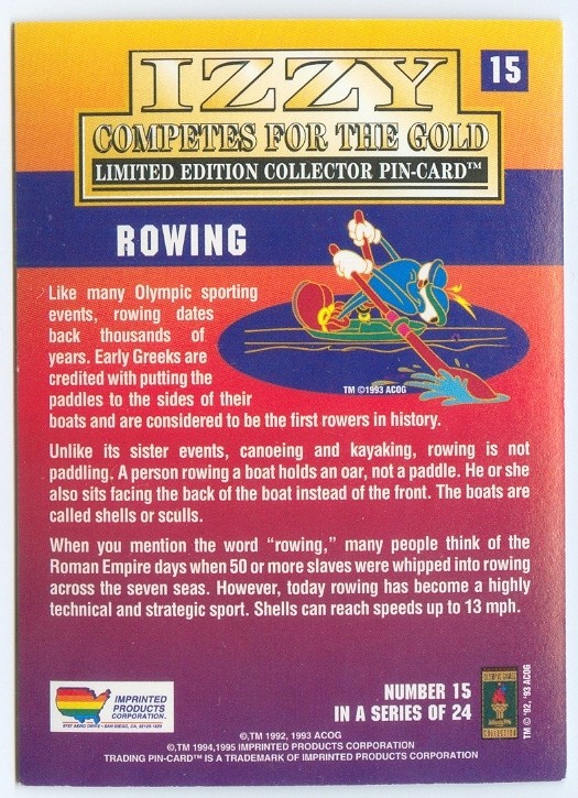 cc usa 1996 og atlanta izzy competes for the gold no. 15 of 24 collector pin cards reverse 
