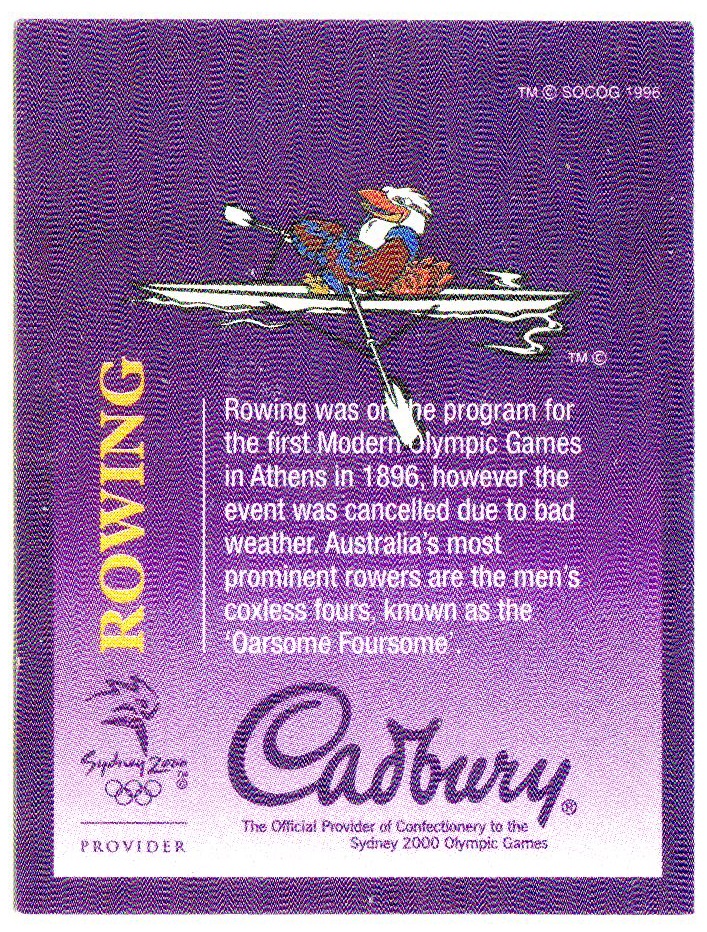cc usa 2000 cadbury olympic mascot card og sydney no. 18 rowing mascot olly in a single sculls reverse