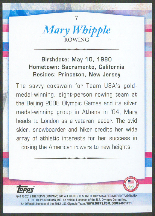cc usa 2012 topps company u.s. olympic team no. 7 mary whipple reverse