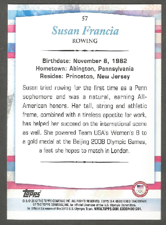cc usa 2012 topps company u.s. olympic team rowing gold card no. 57 susan francia reverse