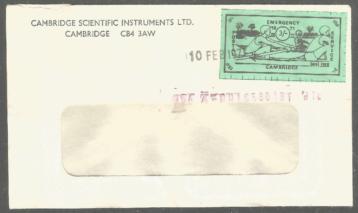 Cover GBR 1971 with emergency postal service stamp Cambridge used Febr. 10th 1971