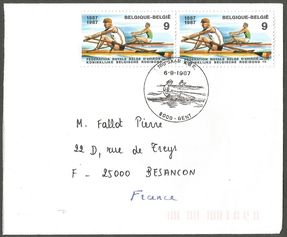 Stamp BEL 1987 Sept. 6th FDC Belgian Rowing Federation centenary on cover PU