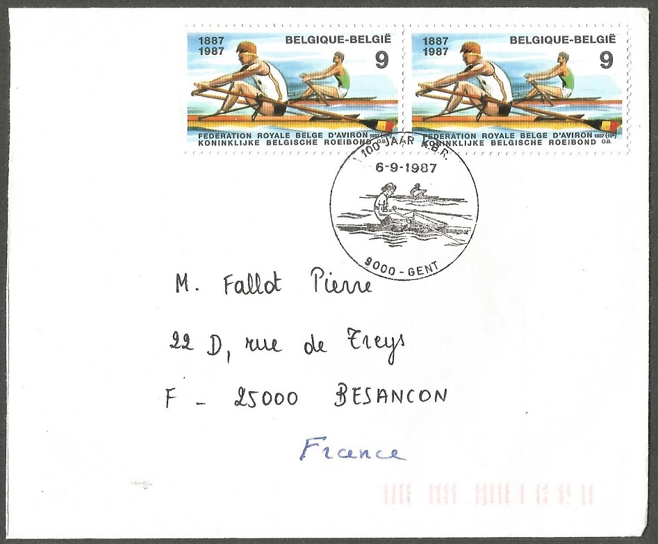 Stamp BEL 1987 Sept. 6th FDC Belgian Rowing Federation centenary on cover PU