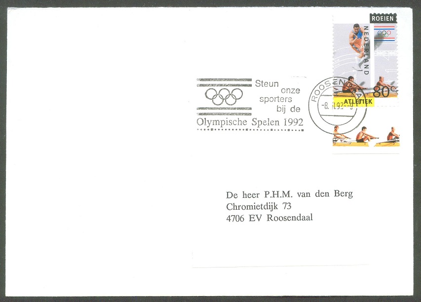 cover ned 1992 with stamp from ss og barcelona roeien atletiek